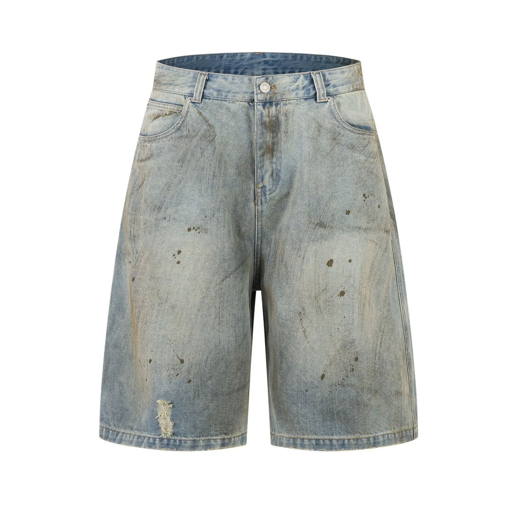 Blue cropped washed denim middle pants with straight leg street fashion style and zipper fly