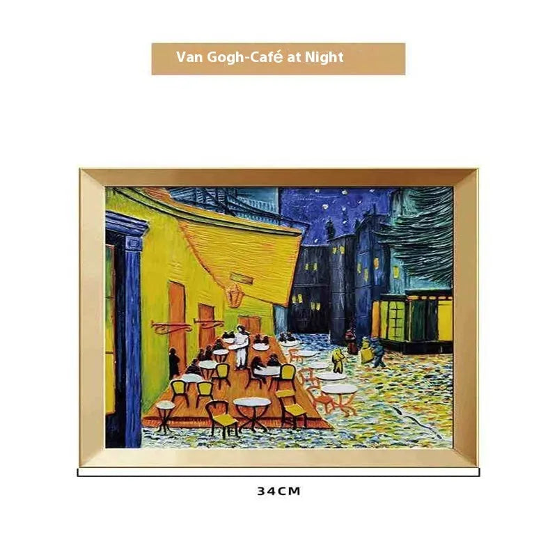 DIY oil painting kit showing Van Gogh's Starry Night reproduction on canvas with acrylic paints and wooden frame