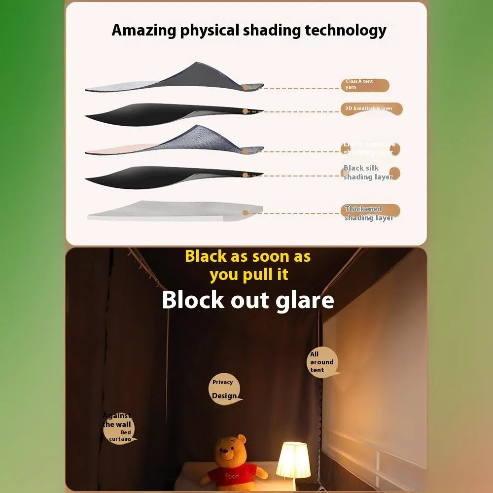 Gentleman Gray bed curtain with integrated mosquito net for 0.9m wide bed with light blocking design