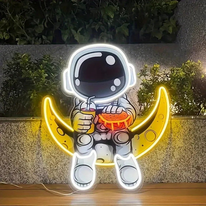 Astronaut wall mounted neon light in blue lemon yellow with USB cable, 30x35cm plastic shell for indoor decoration
