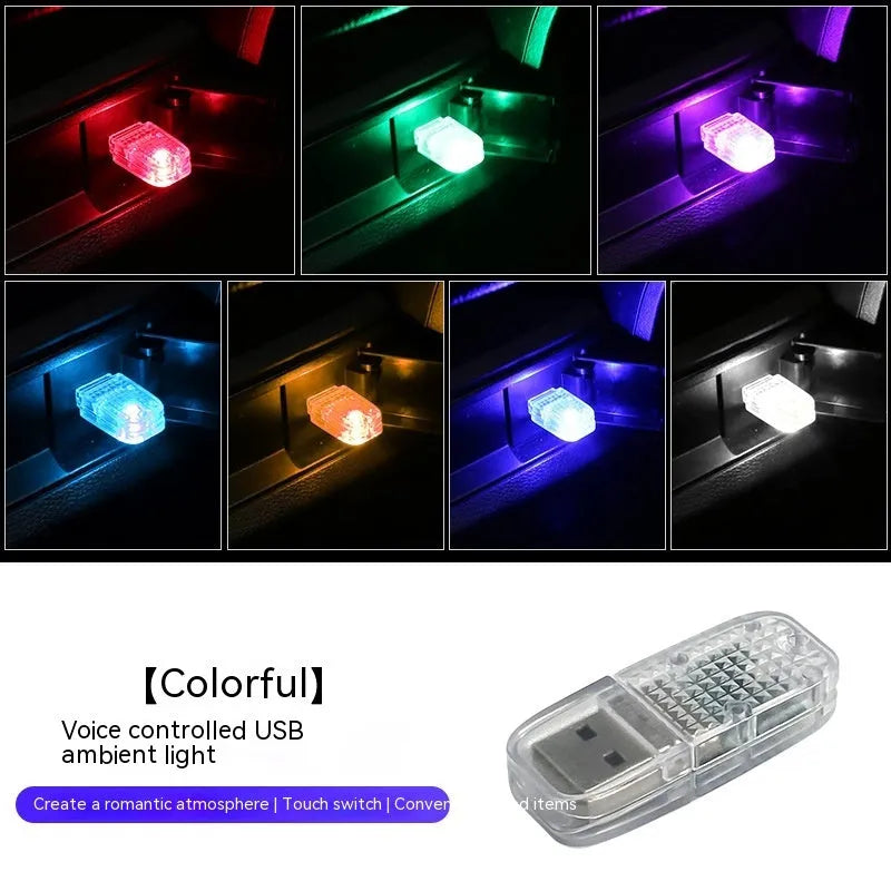 Car USB ambience light with touch switch showing RGB colour-changing and fixed blue, white, pink, and ice blue modes.