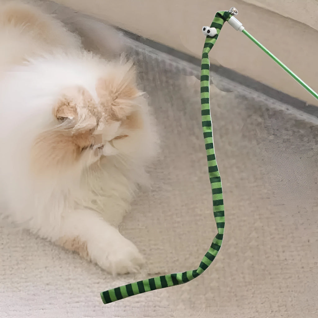 Cat wand toy with polycarbonate handle and long plush strip in vivid colours for interactive cat play
