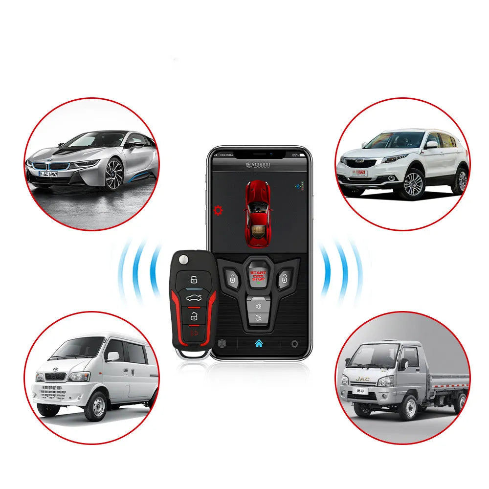 One-way car alarm system with remote controls showing red and frosted black colour scheme