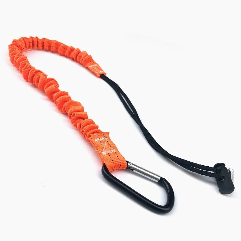 Orange fishing rod safety rope with 90cm length shown next to fishing rod