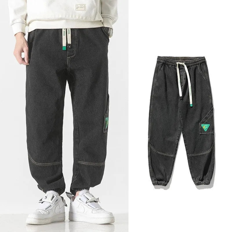 Men's cotton loose-fit tapered trousers in black, blue, and grey colours