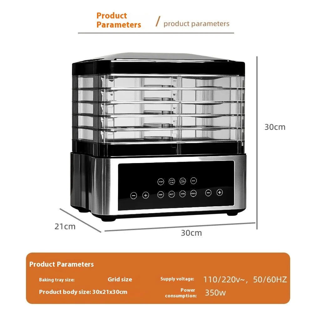 Silver stainless steel food dehydrator with 14-litre capacity and adjustable temperature controls