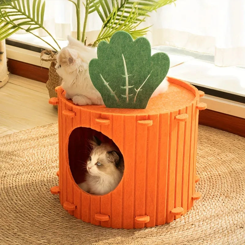 Handmade felt cat nest tunnel with semi-enclosed design and drilled openings, shown in M and L sizes