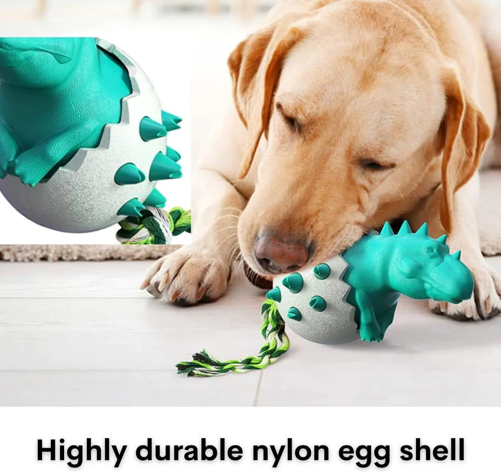 Blue dinosaur dog chew toy with rope tug element for aggressive chewers