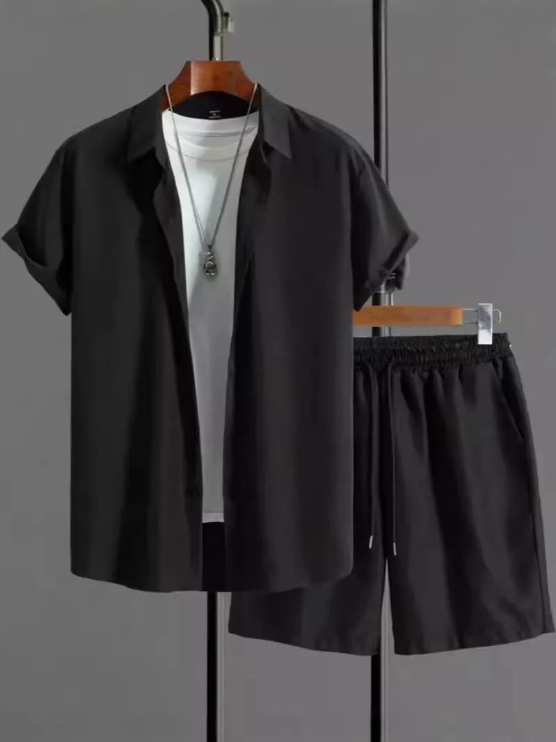 Men's jacquard suit shorts set with short sleeve top and matching trousers in solid colour