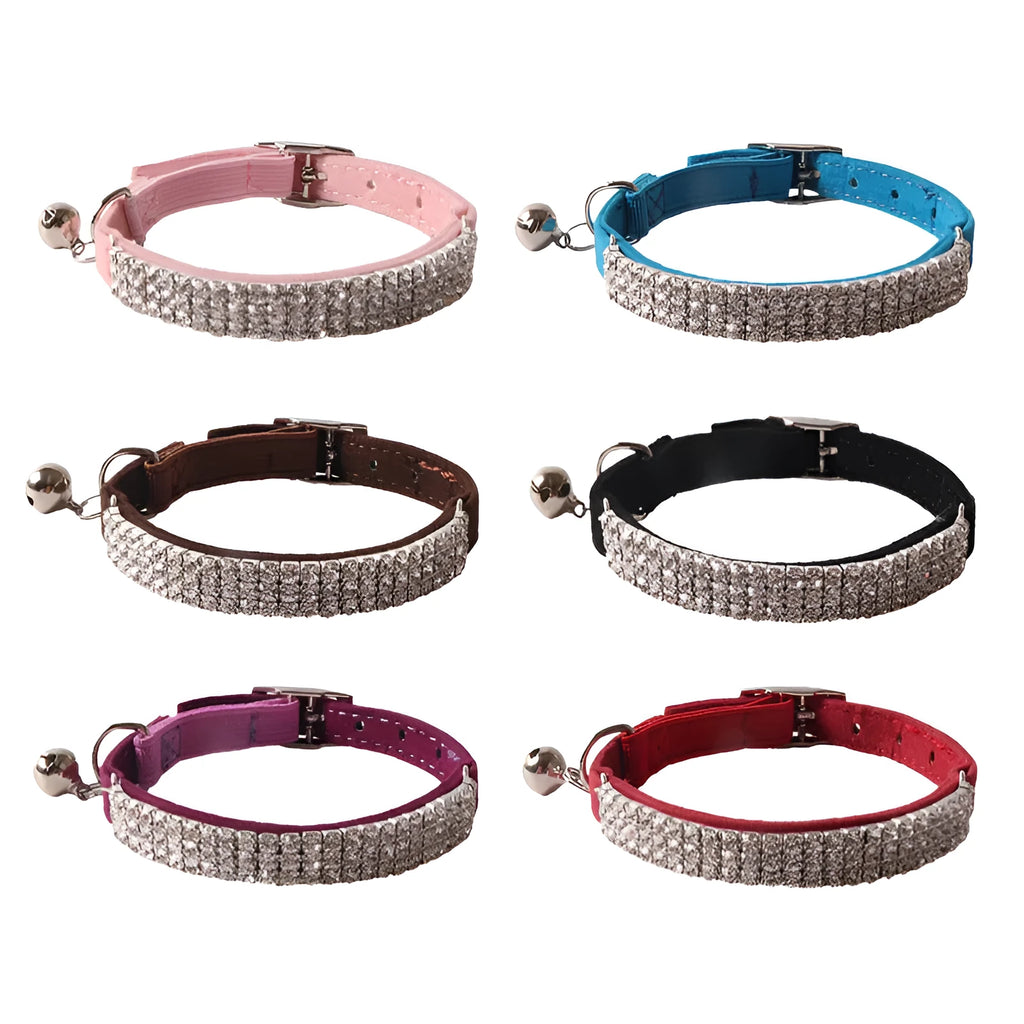 Flocking material cat collar with gang drill design and elastic buckle in six colour options