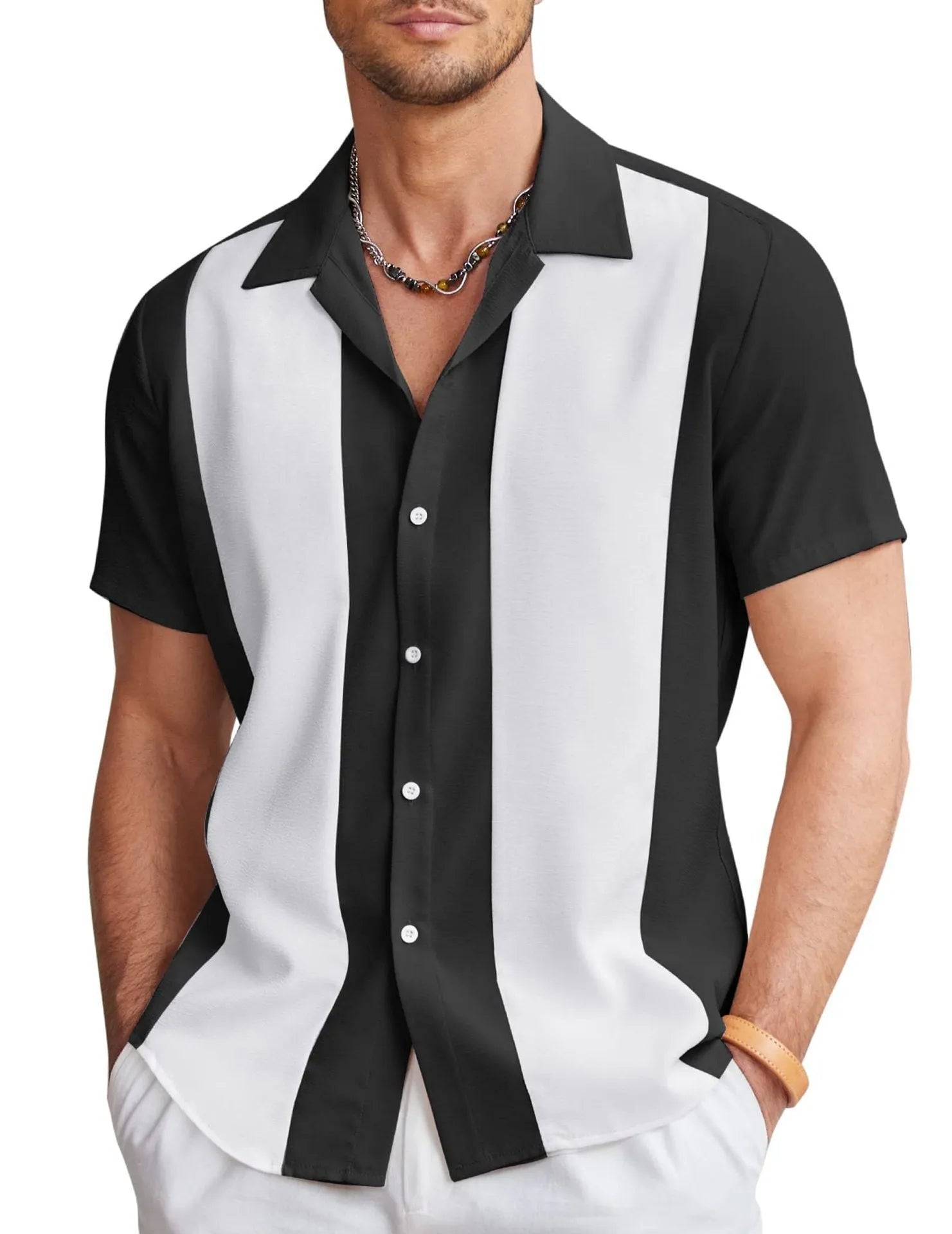 Man wearing a slim fit, short sleeve Hawaiian shirt with a cardigan style in a colourful digital print pattern.