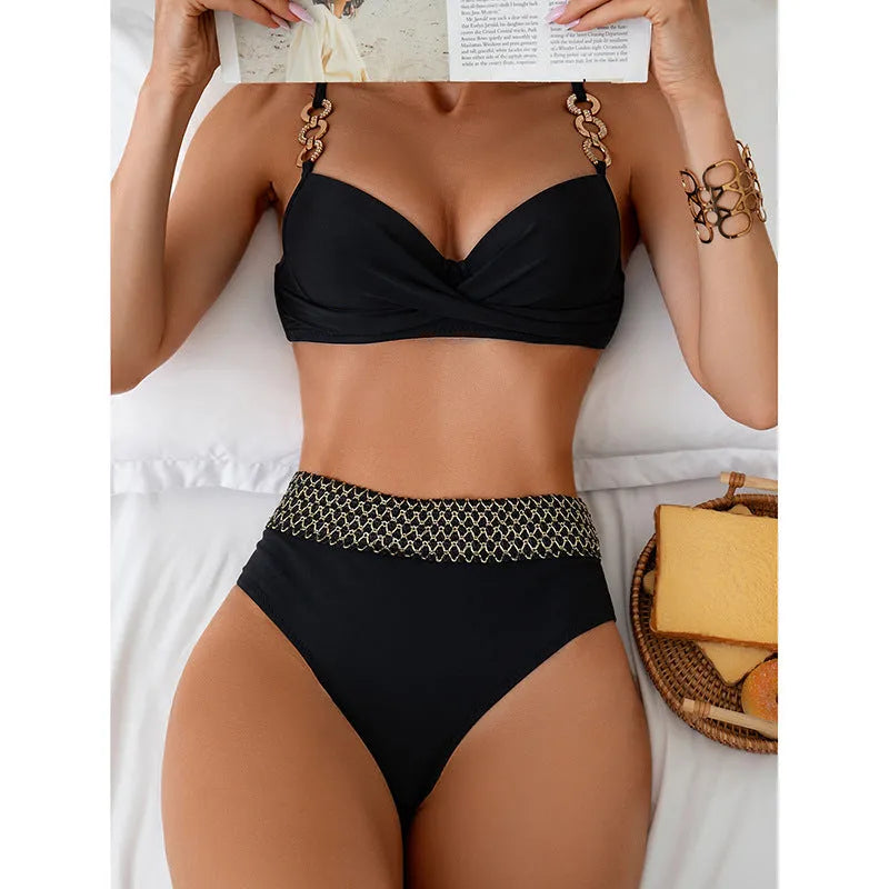 Black bikini swimsuit set with sleeveless top and briefs, made from polyester.