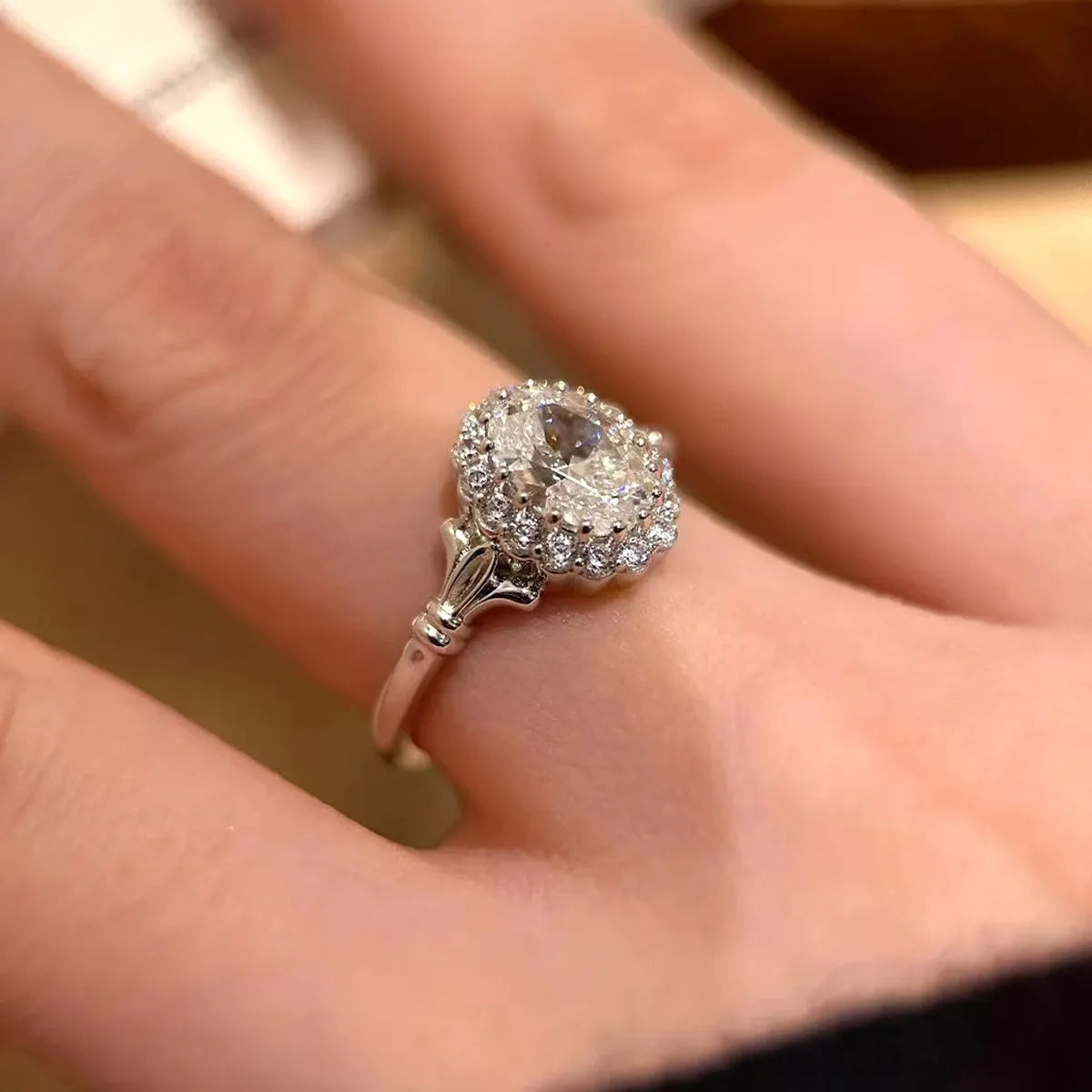 Silver geometric ellipse bridal bouquet diamond ring with adjustable opening
