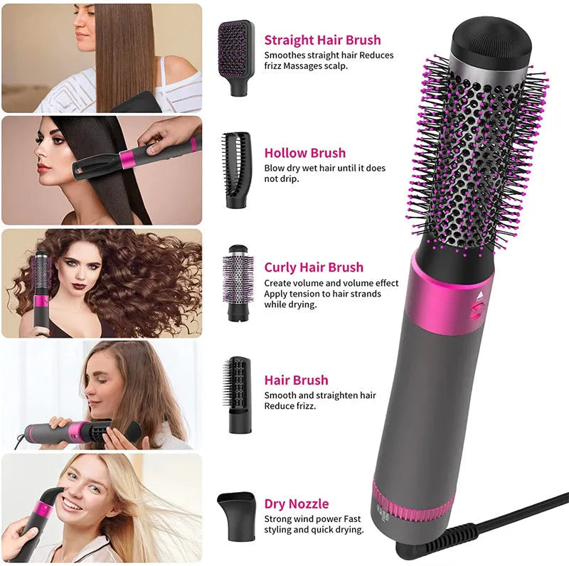 Dyson grey 5 in 1 hair dryer brush styling tool with multiple brush attachments on a white background.