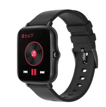 Black smart watch with 1.7-inch colour touch screen on adjustable strap, showing fitness tracking interface.