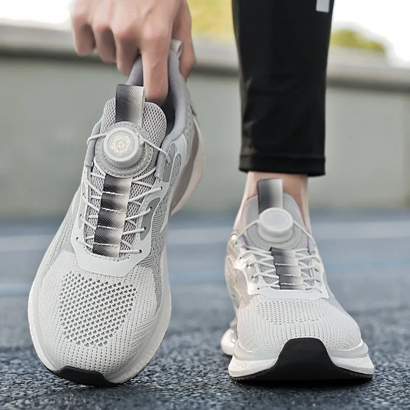 Men's rotating button buckle running shoes in Fly-knit mesh with TPU sole in beige colour
