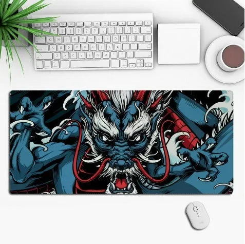 Large custom anime print gaming mouse pad on a desk with keyboard and mouse.