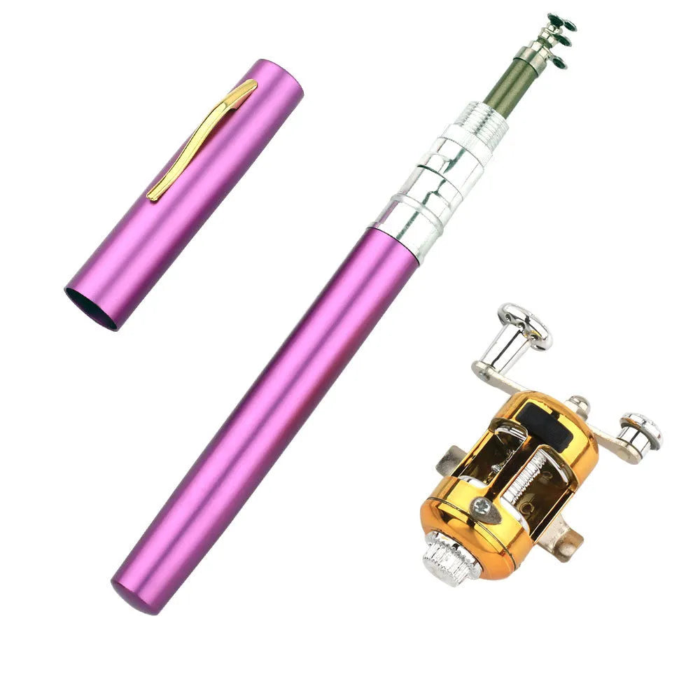 Compact telescopic fishing rod retracted inside its aluminium pen case, with gold ST5RL reel attached.
