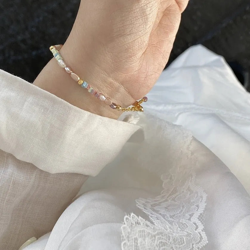 Mini irregular natural pearl bracelet and necklace set with 14K gilded purple and silver finish