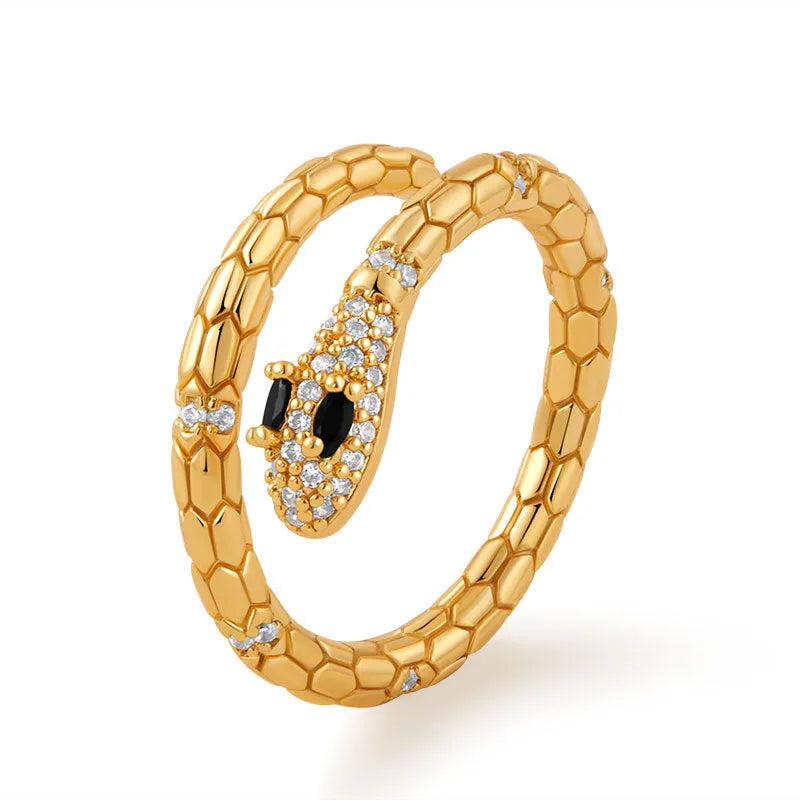 Snake-shaped adjustable index finger ring with gold colour finish and diamond-treated surface