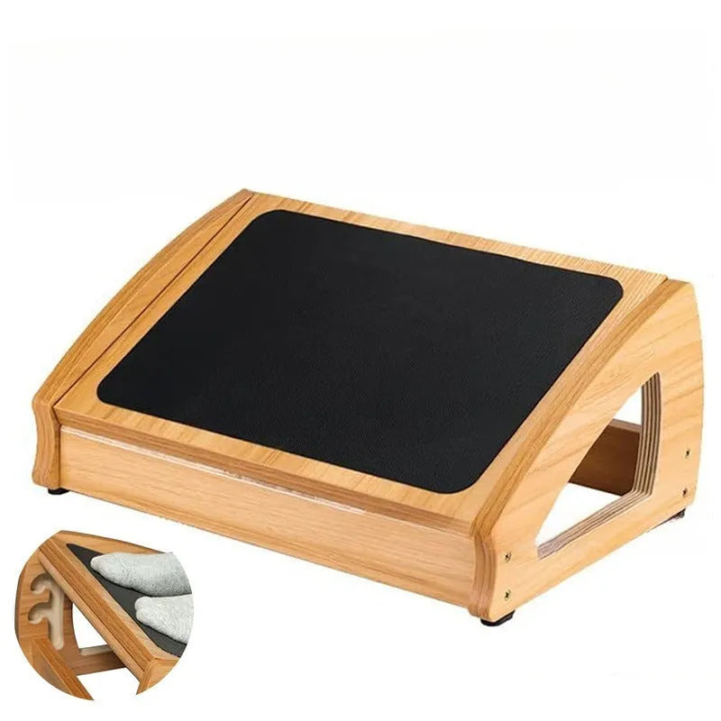 Natural wood colour bamboo adjustable office desk footstool for adult ergonomics.