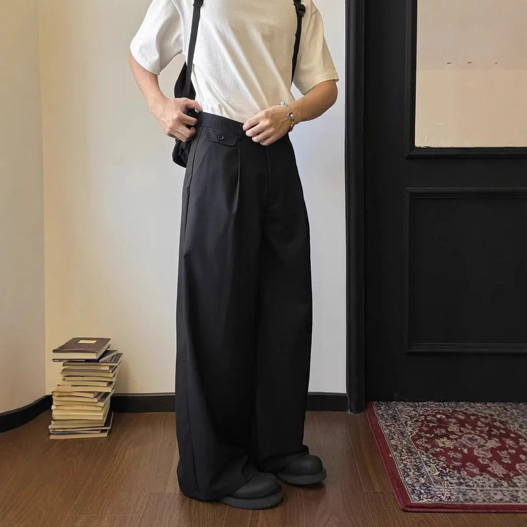 Men's straight-leg wide-leg casual suit pants in black or brown polyester blend fabric