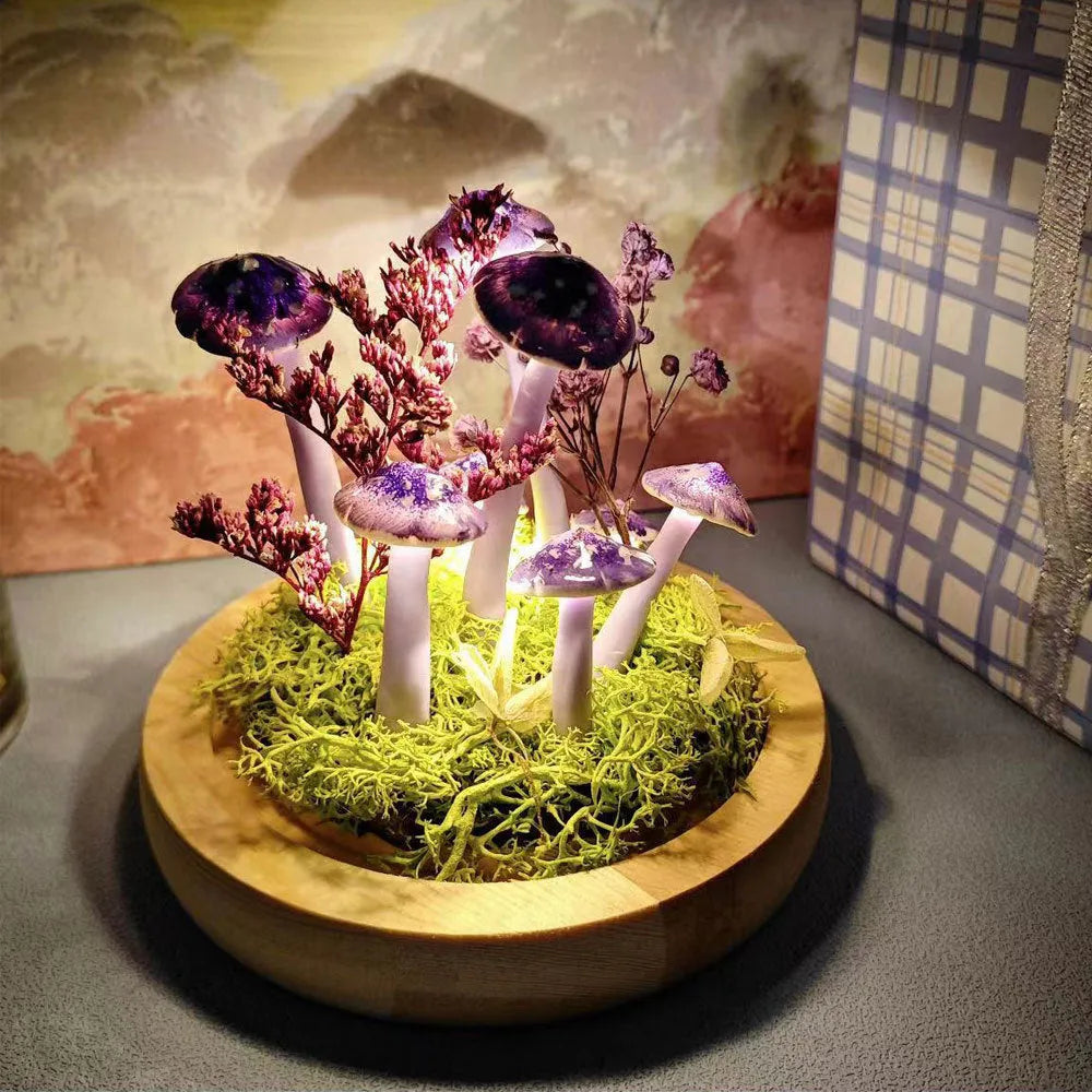 Handmade mushroom small night lamp with cylindrical glass cover and built-in battery