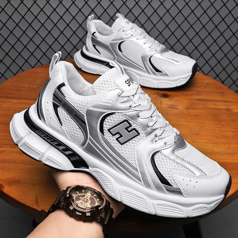 Men's white orange mesh running shoes with round toe and injection moulded sole