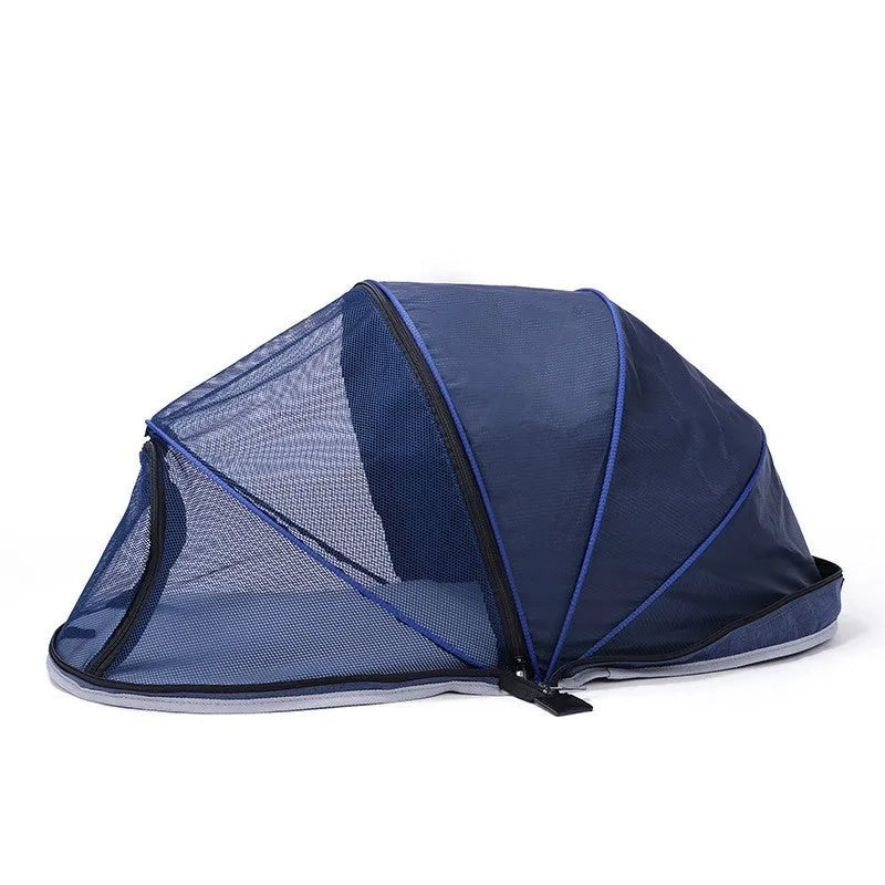 Portable folding cat tent with half mesh sides in black or blue colour options