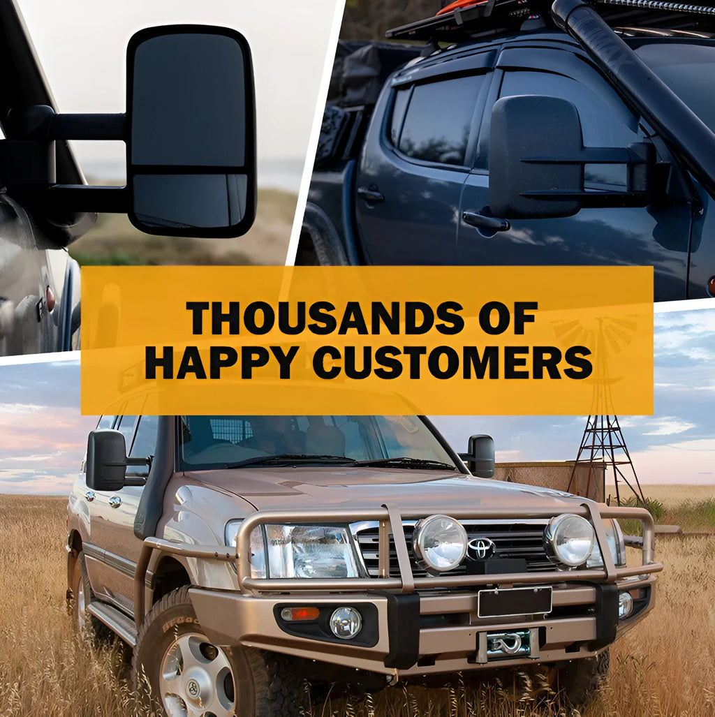 Black plastic foldable rearview mirror for Toyota Land Cruiser 100 series.
