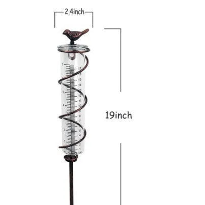 Cast iron and glass rain gauge with hummingbird design for garden rainfall measurement
