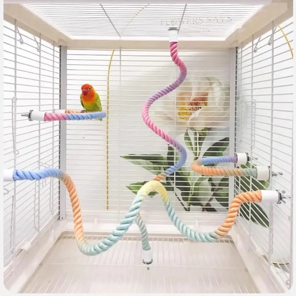Gradient colourful bird rope perch stand with bendable shapes for small pet cage climbing and play