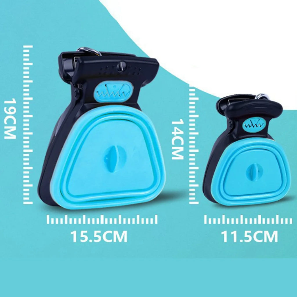 Portable handheld dog pooper scooper with carabiner clip and waste bag compartment, shown in blue, green, grey, or yellow.