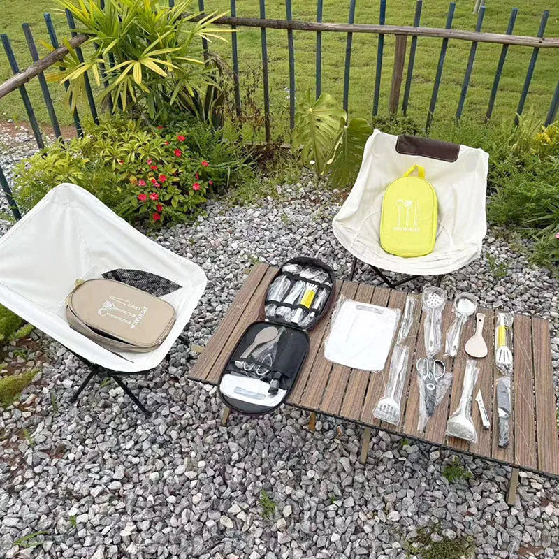 12-piece stainless steel picnic kitchenware set in portable storage bag for outdoor cooking