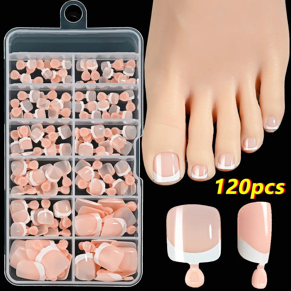 120 French white edge full square short nude nail pieces in a box, showing multiple shades.
