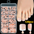 120 French white edge full square short nude nail pieces in a box, showing multiple shades.