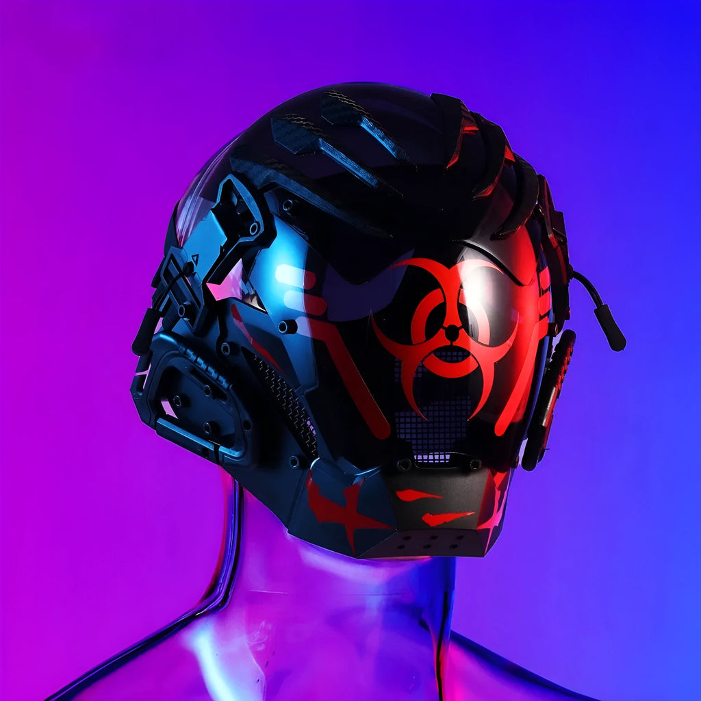 Black full face bioweapon prop mask showing complete helmet coverage