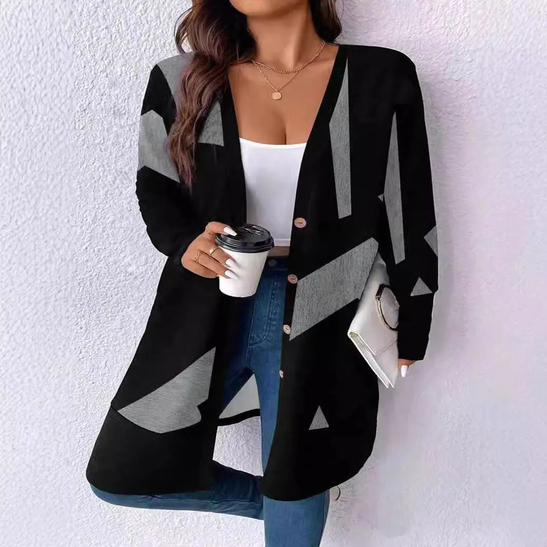 Black plus size cardigan coat with button fastening and printed detailing in Japanese Korean casual style