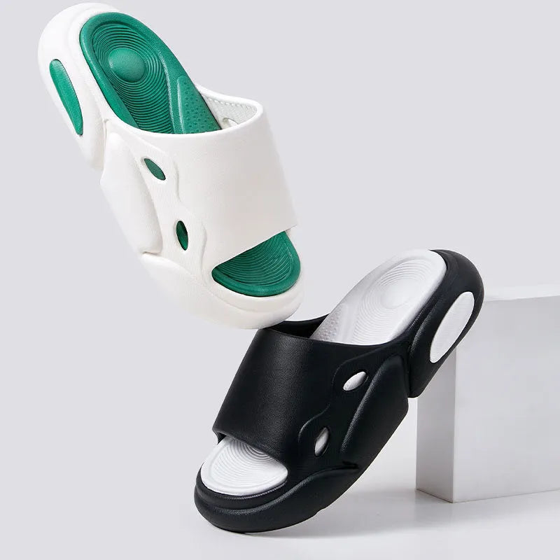 Two-tone thick-soled EVA slippers for men and women in pink purple, white green, or black and white.