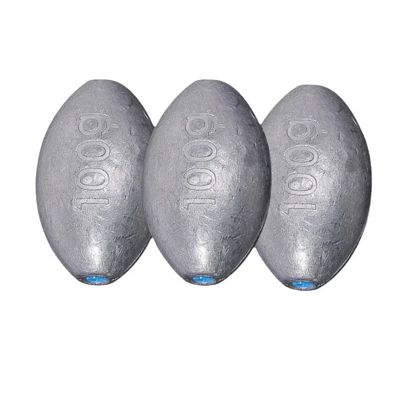 Tongxin style rugby-shaped olive lead fishing sinker with scale texture and plastic core, shown with weight options.