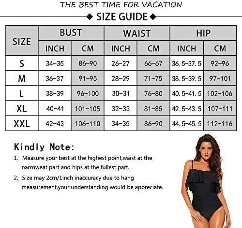 Black one-piece swimsuit with cut-out design and ruffled straps on the tube top.