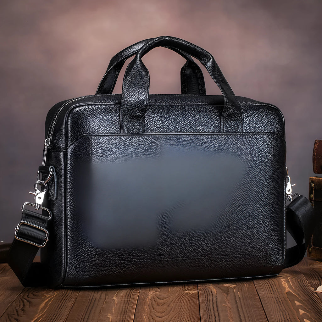 Men's 15-inch genuine cowhide portfolio bag in black, simple style, waterproof leather laptop briefcase