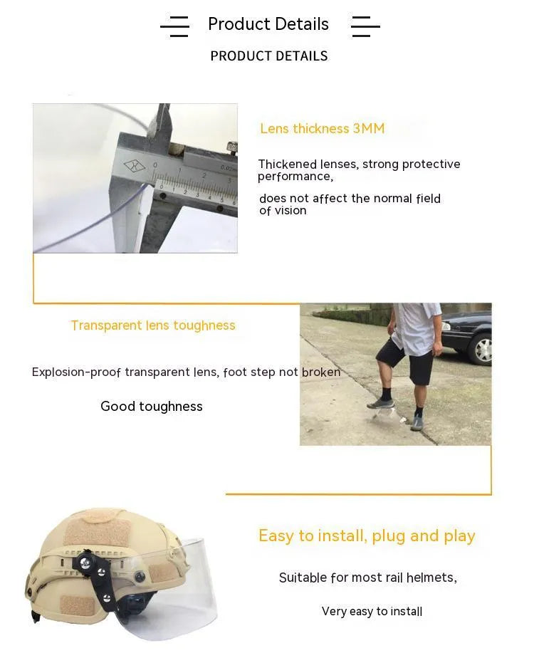 Transparent PC helmet mask with windproof lens measuring 30x15cm