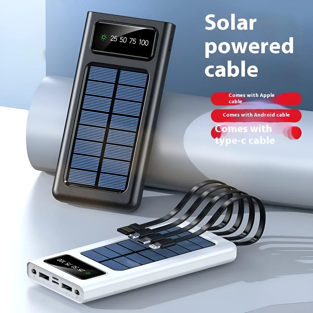 Solar power bank with integrated charging cable in black or white plastic casing