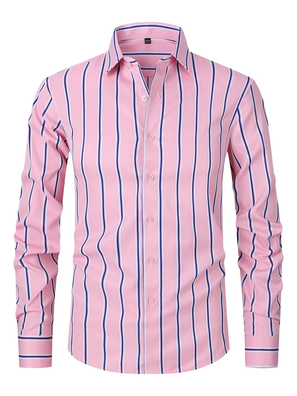 Men's slim fit striped business shirt in ice silk polyester blend fabric on hanger