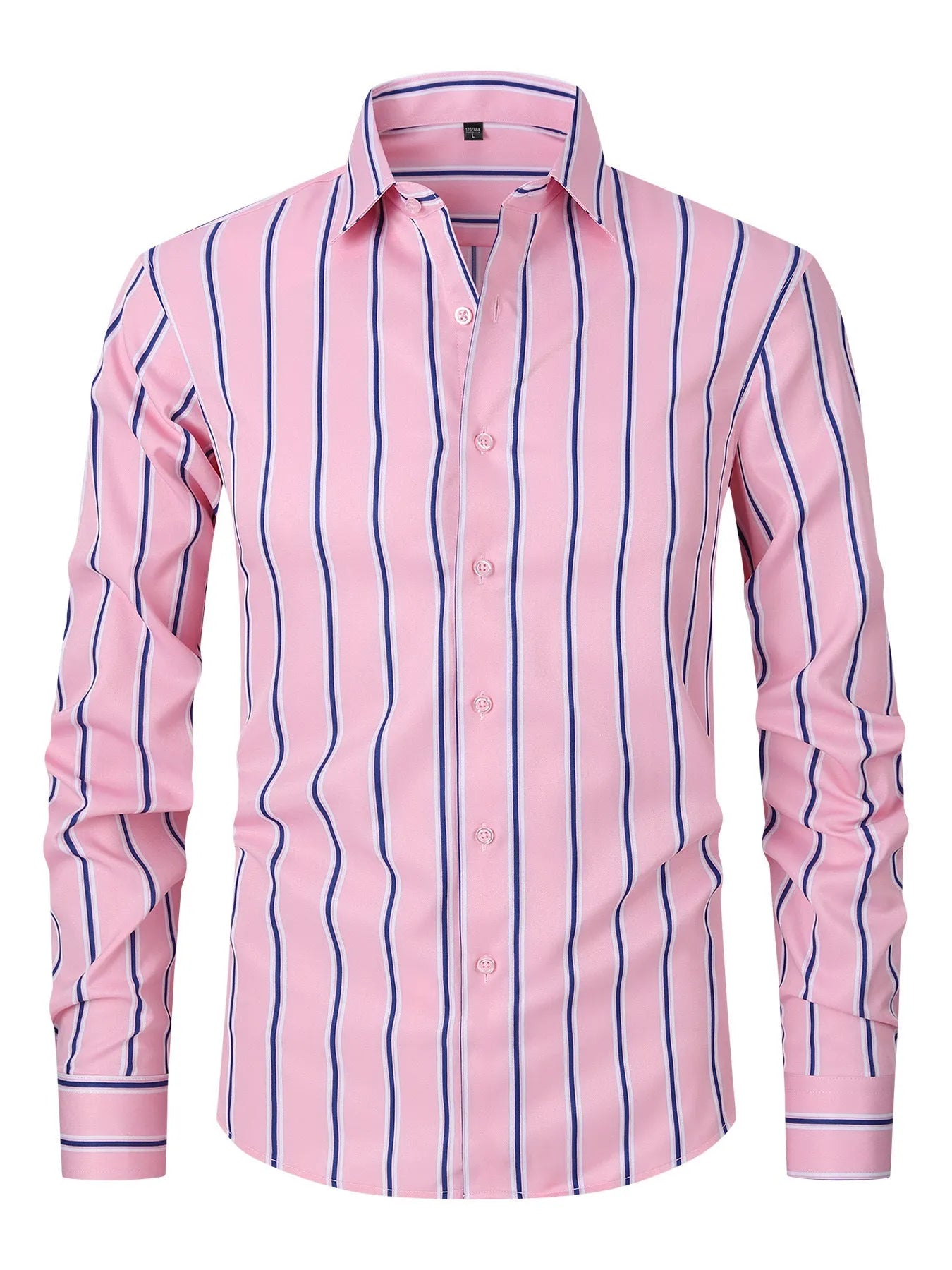 Men's slim fit striped business shirt in ice silk polyester blend fabric on hanger