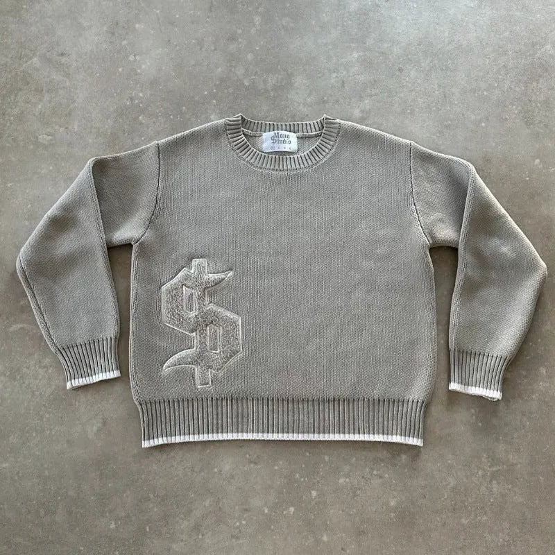 Grey jacquard knitwear coat with loose fitting design and long sleeves
