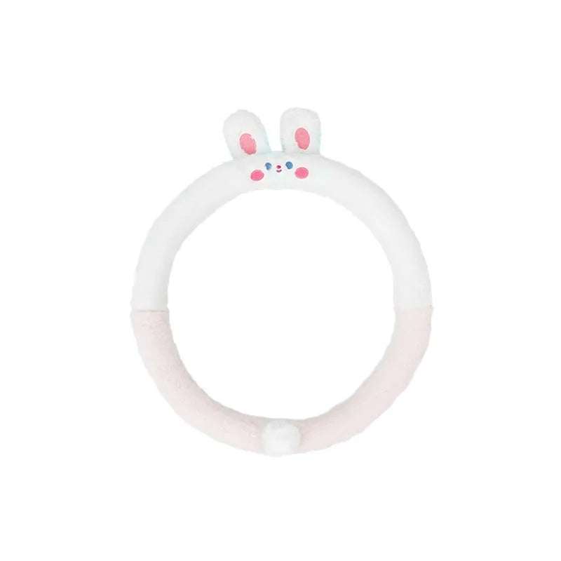 Plush winter steering wheel cover with cartoon embroidery, shown in 38cm size on a car steering wheel.