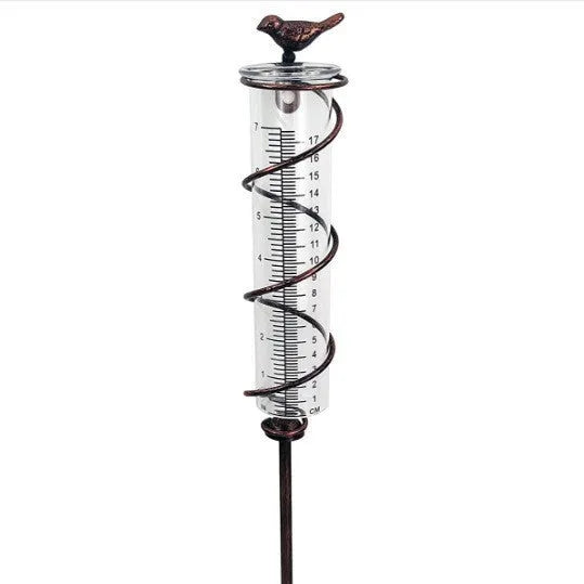 Cast iron and glass rain gauge with hummingbird design for garden rainfall measurement