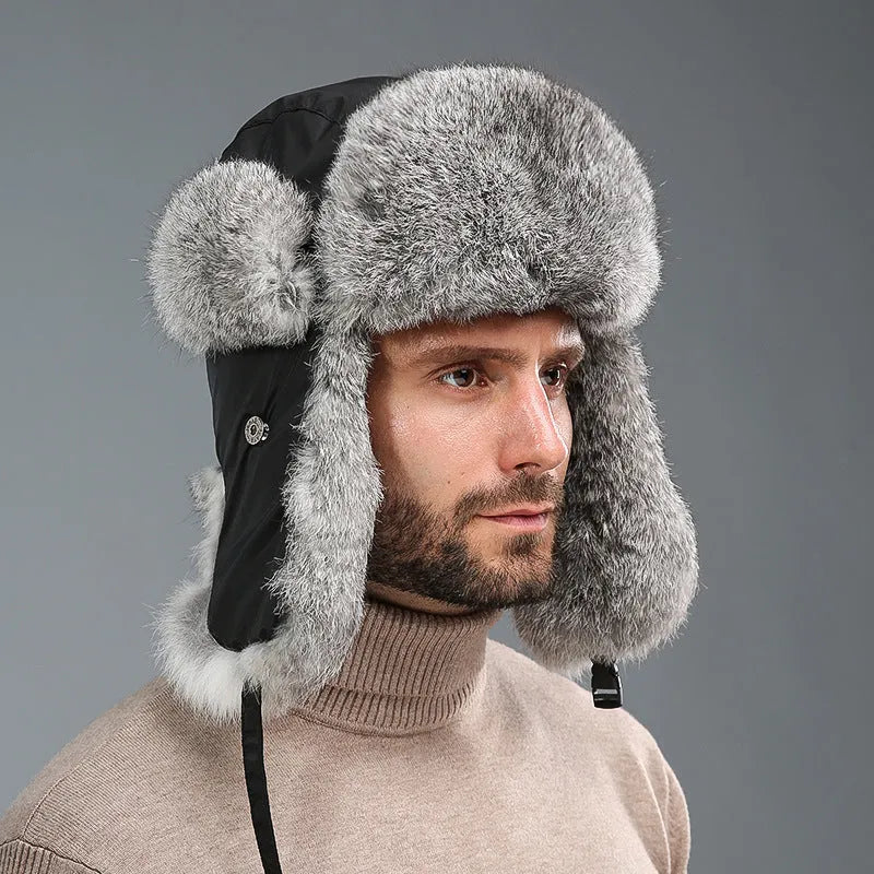 Rabbit fur unisex thickened winter hat with retro dome crown in black cloth black hair colour
